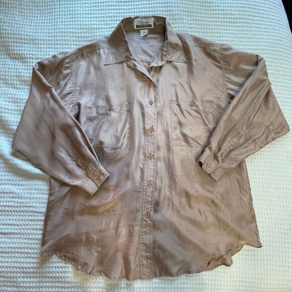 VTG Marnie West 100% Silk Button Up Tan/ Brown Minimalist Blouse Large - Picture 12 of 12